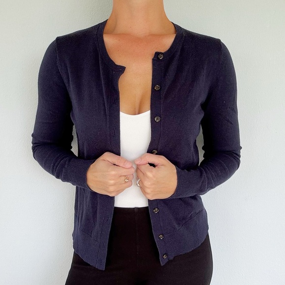 Ann Taylor navy blue cotton crewneck button cardigan sweater size small - Picture 1 of 15